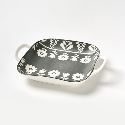 Gray and White Floral Pattern Ceramic Serving Dishes with Handles