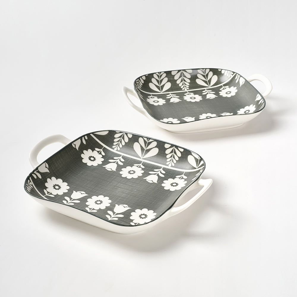 Gray and White Floral Pattern Ceramic Serving Dishes with Handles