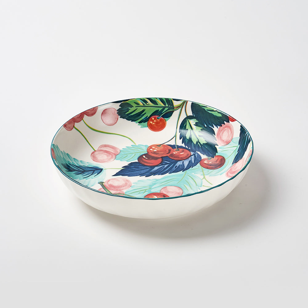 Hand-Painted Cherry and Feather Design Ceramic Plates