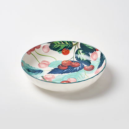 Hand-Painted Cherry and Feather Design Ceramic Plates