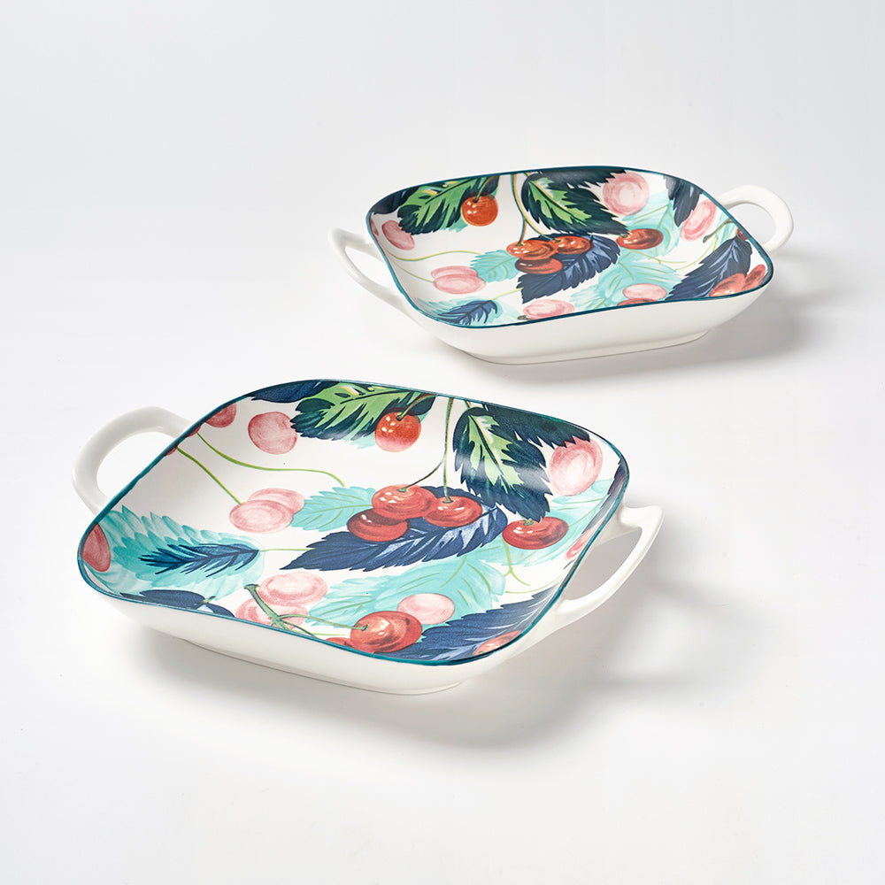 Cherry and Feather Print Ceramic Serving Dishes with Handles