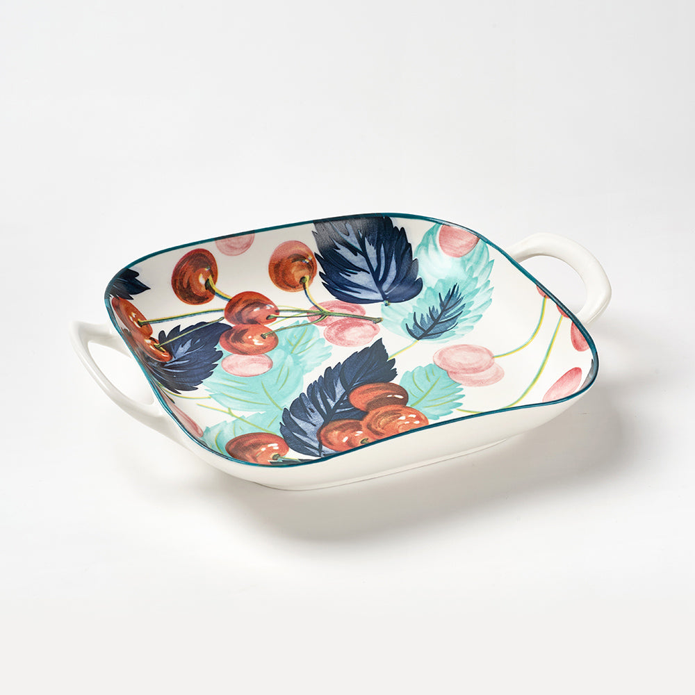 "Cherry and Feather Print Ceramic Serving Set with Teal Rim