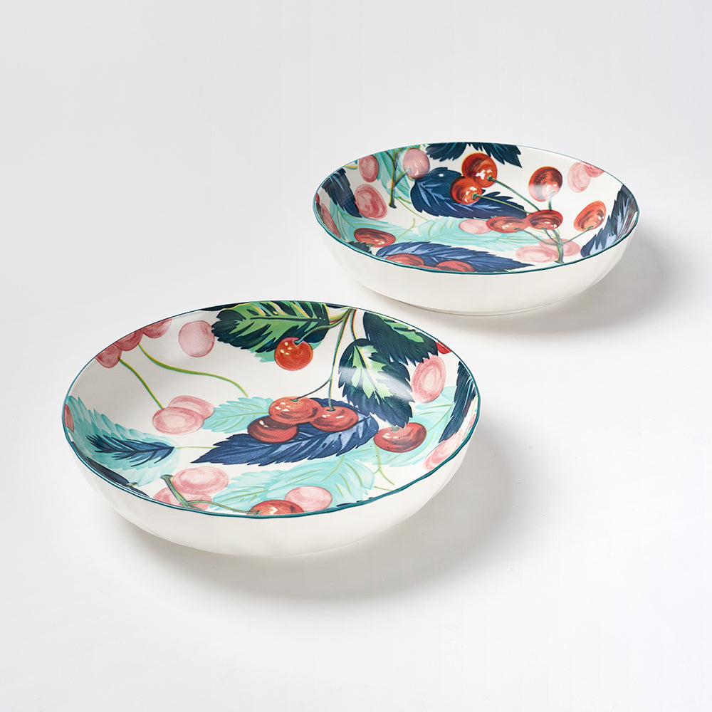 Hand-Painted Cherry and Feather Design Ceramic Plates