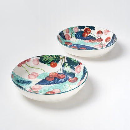 Hand-Painted Cherry and Feather Design Ceramic Plates