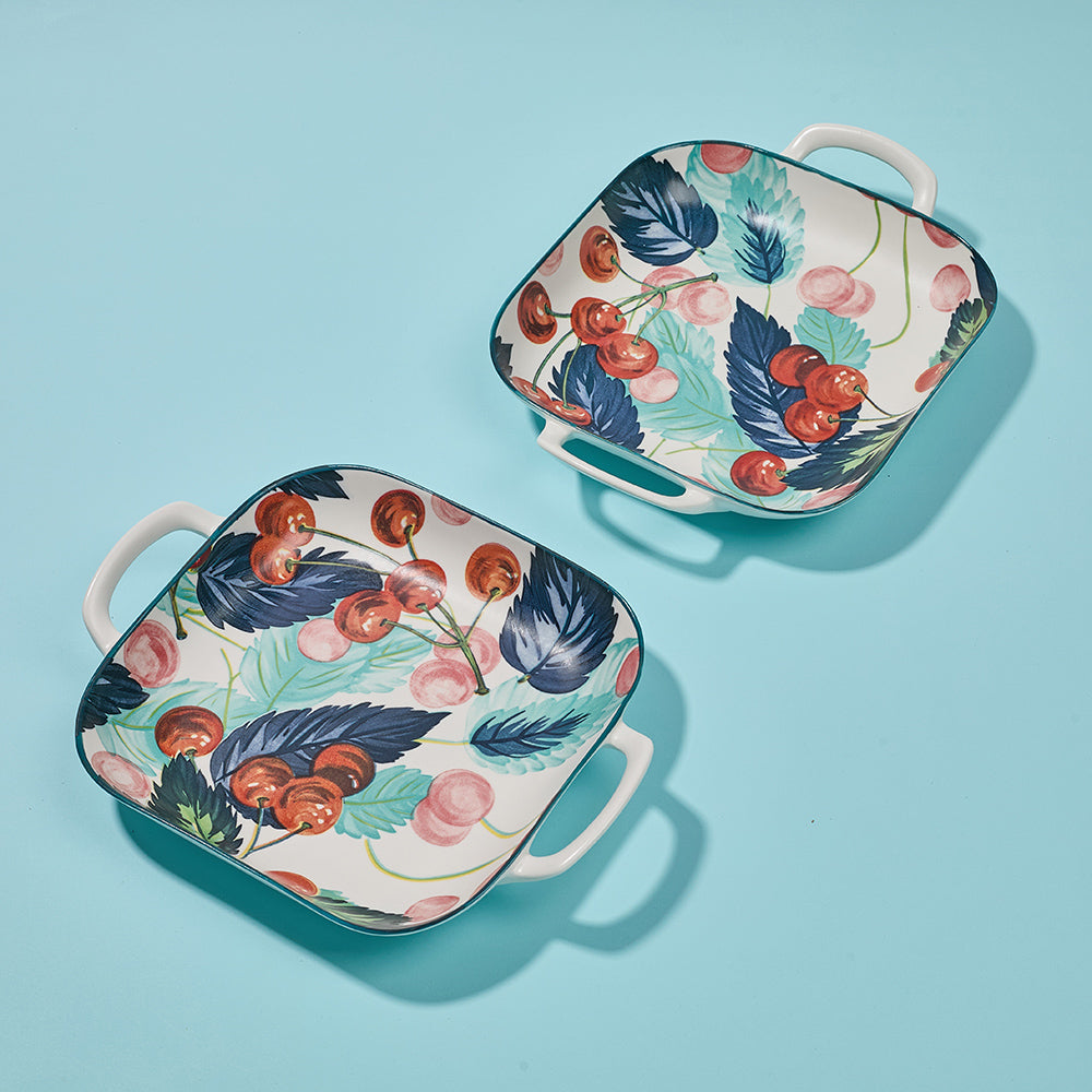 Cherry and Feather Print Ceramic Serving Dishes with Handles