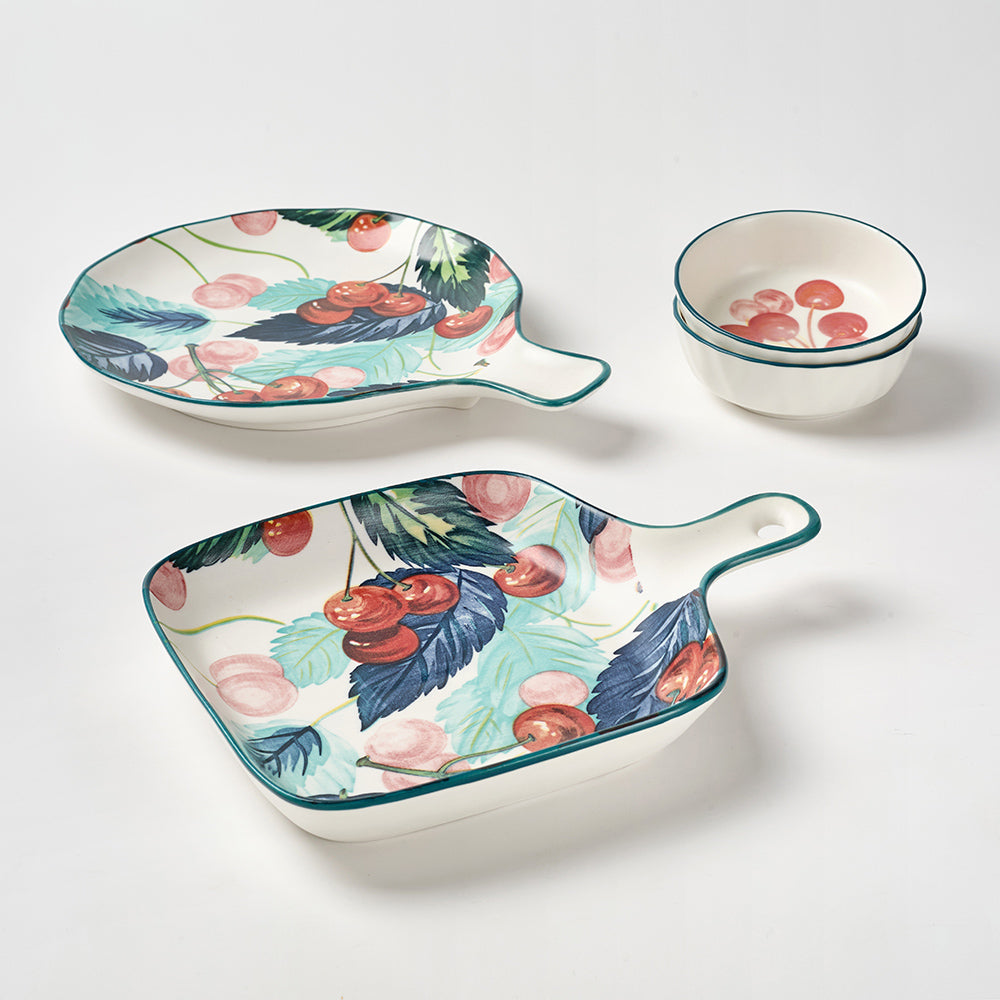 Cherry and Feather Print Ceramic Serving Set with Teal Rim
