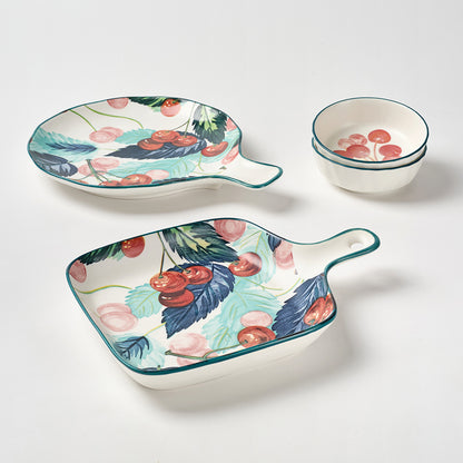 Cherry and Feather Print Ceramic Serving Set with Teal Rim