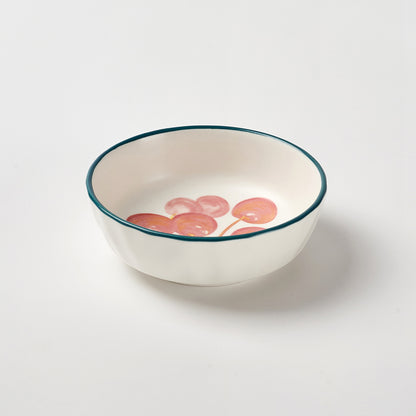 "Cherry and Feather Print Ceramic Serving Set with Teal Rim