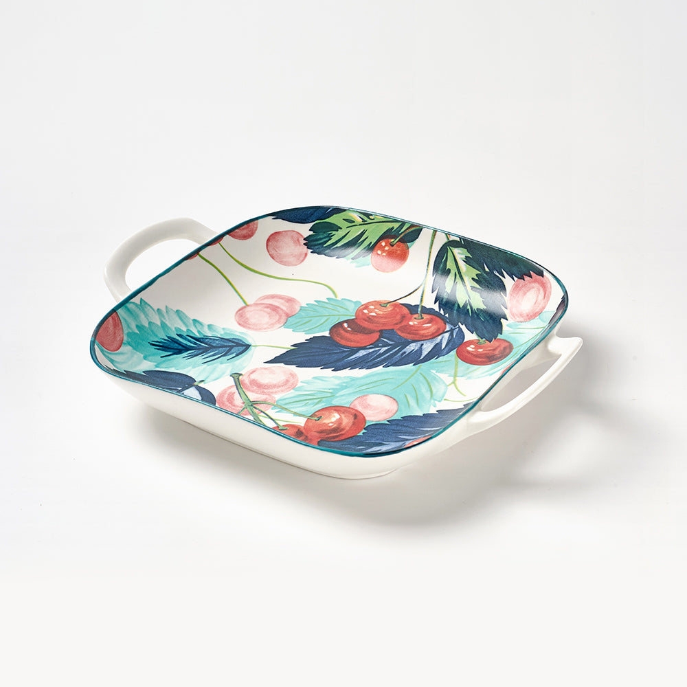 Cherry and Feather Print Ceramic Serving Dishes with Handles