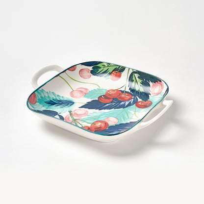 Cherry and Feather Print Ceramic Serving Dishes with Handles