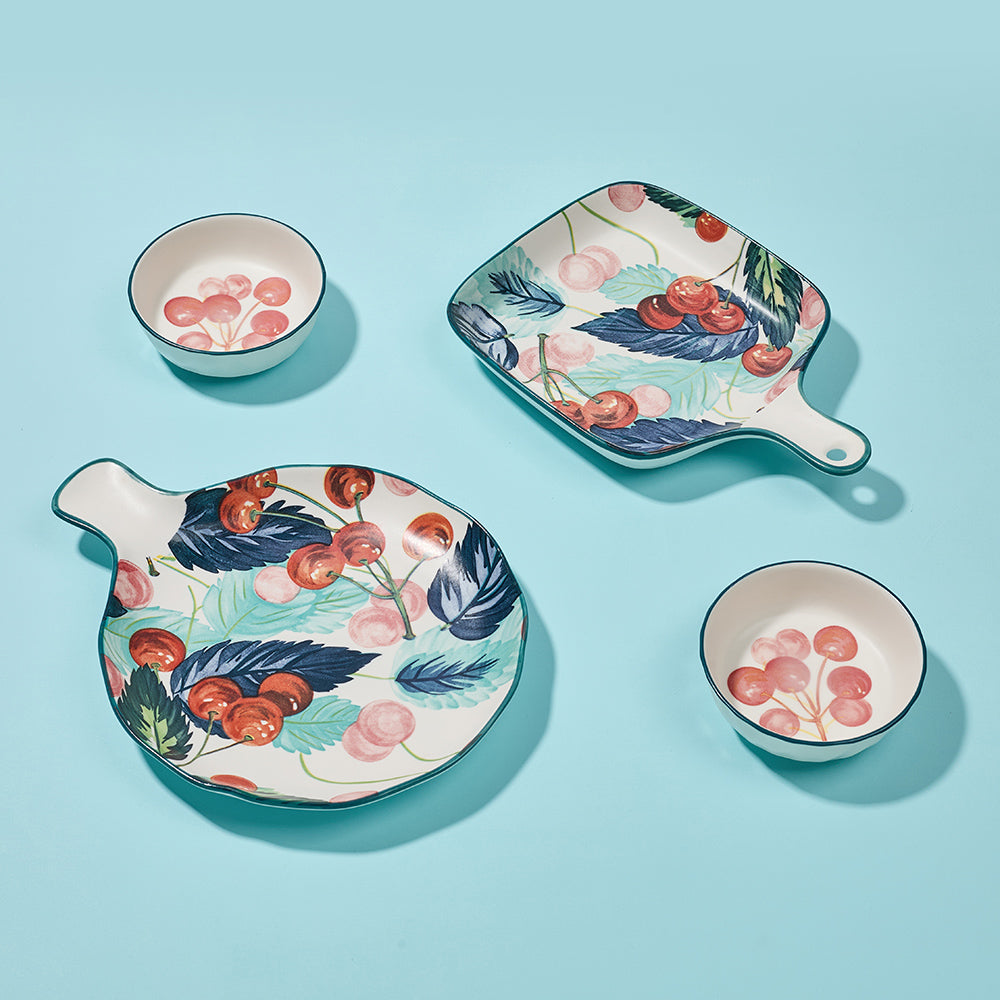 Cherry and Feather Print Ceramic Serving Set with Teal Rim