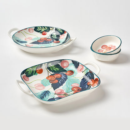"Cherry and Feather Print Ceramic Serving Set with Teal Rim