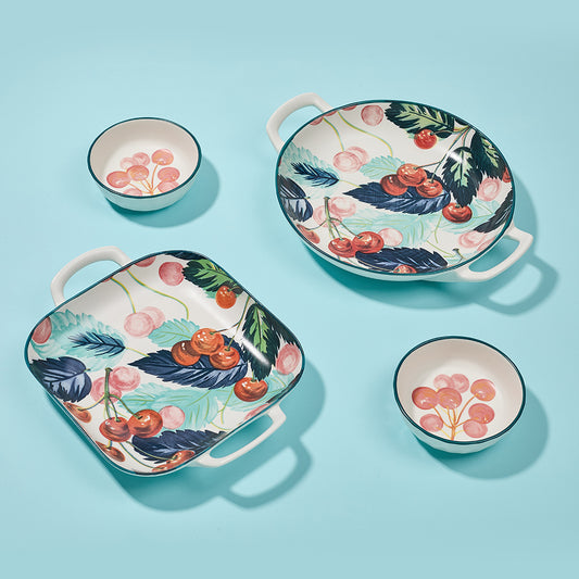 "Cherry and Feather Print Ceramic Serving Set with Teal Rim
