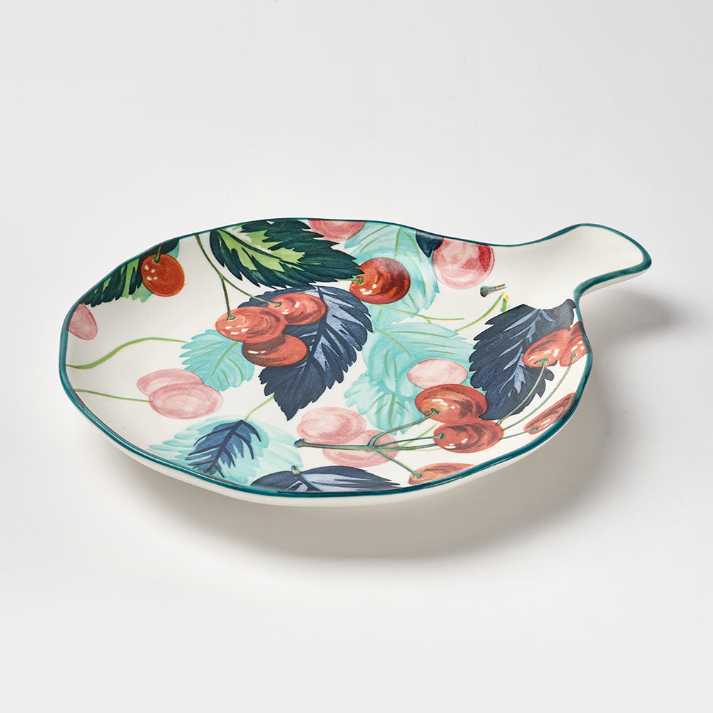 Cherry and Feather Print Ceramic Serving Set with Teal Rim