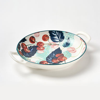 "Cherry and Feather Print Ceramic Serving Set with Teal Rim