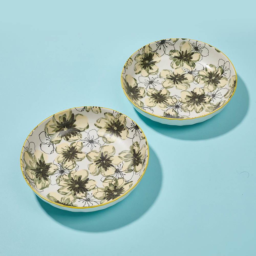 Hand-Painted Green Floral Ceramic plates with Gold Rim