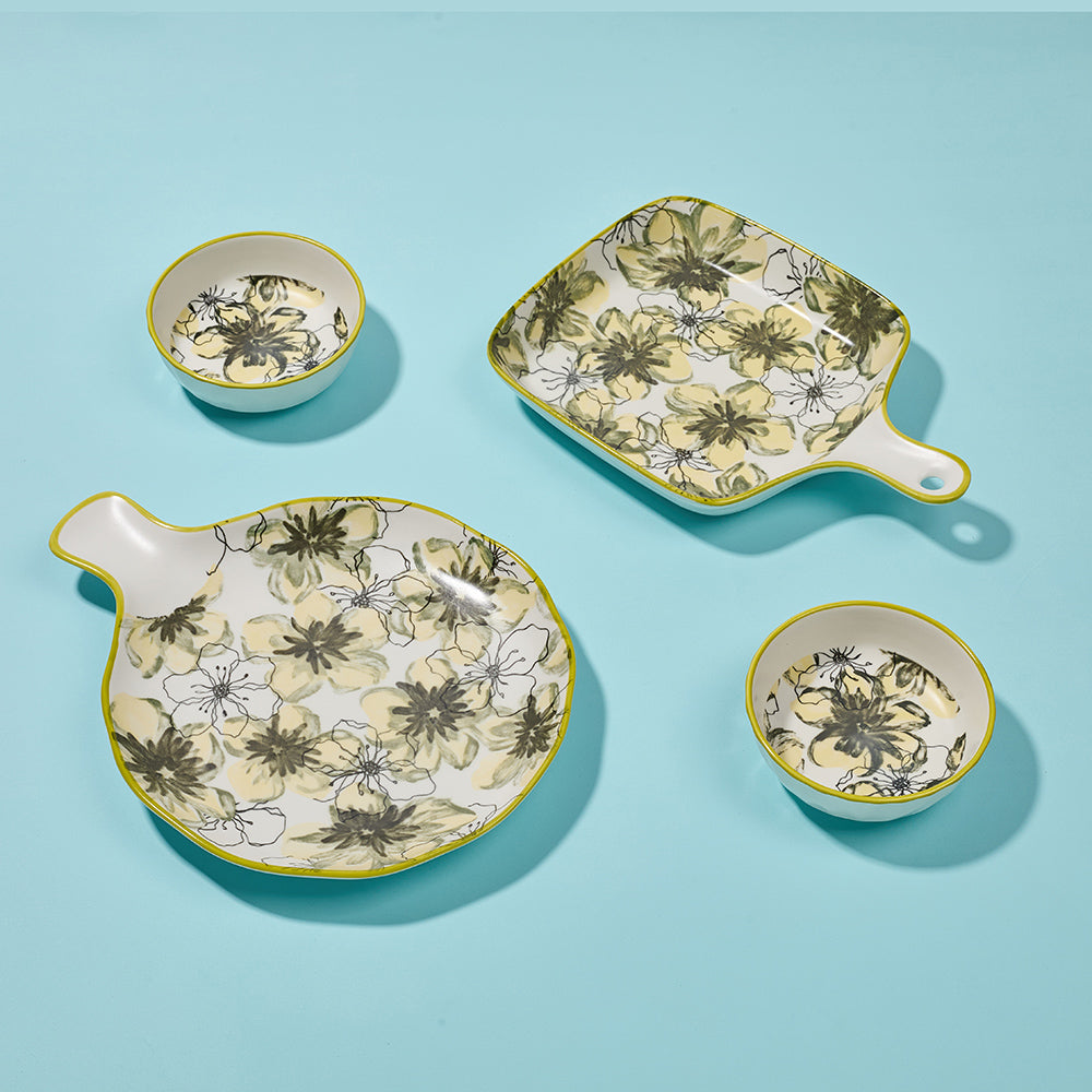 Yellow Floral Pattern Ceramic Serving Set with Gold Rim
