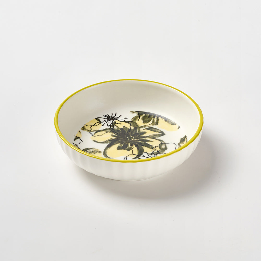 Yellow Floral Pattern Ceramic Bowl Set with Gold Rim