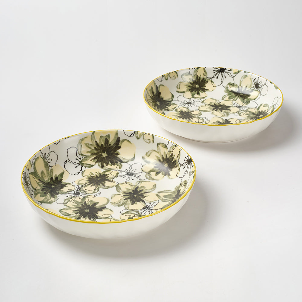 Hand-Painted Green Floral Ceramic plates with Gold Rim