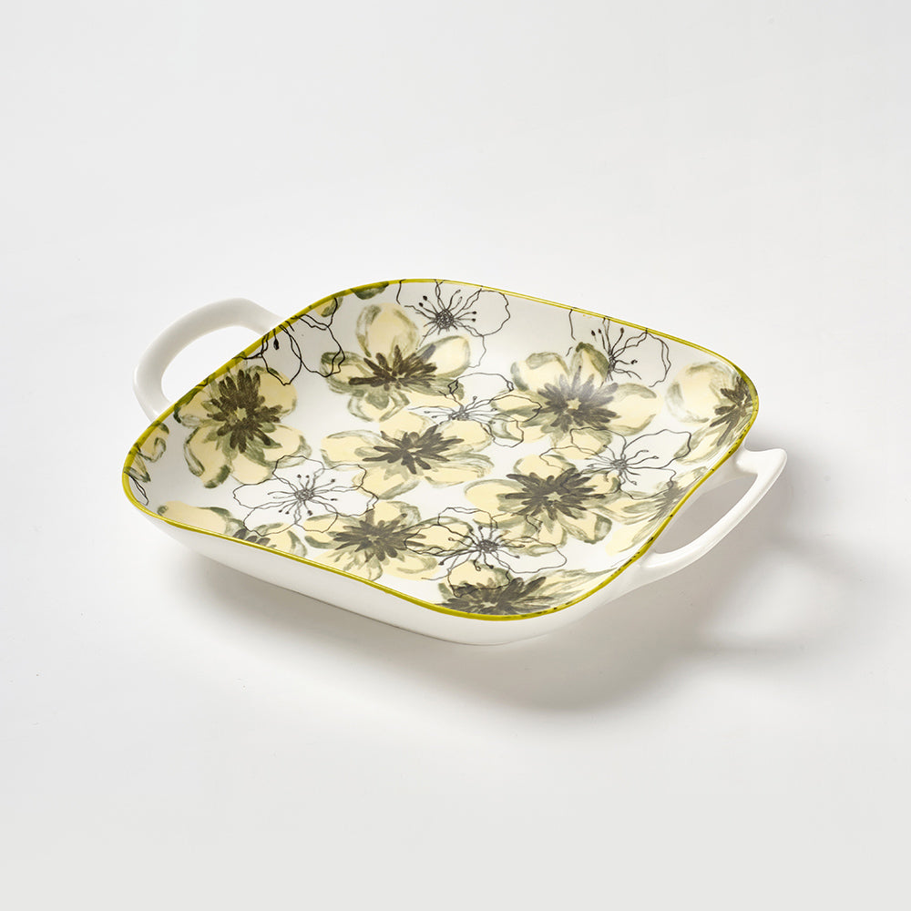 Yellow Floral Pattern Ceramic Serving Dishes with Handles
