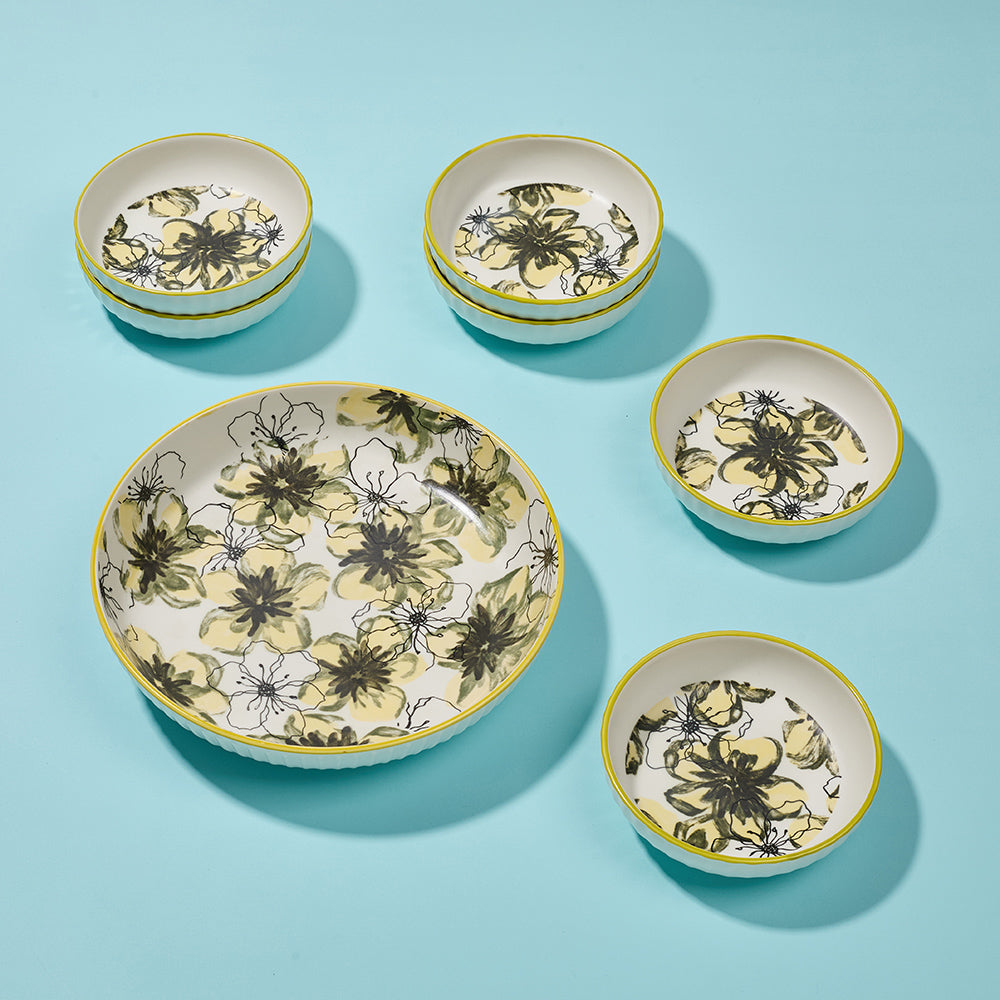 Yellow Floral Pattern Ceramic Bowl Set with Gold Rim