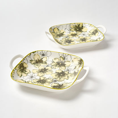 Yellow Floral Pattern Ceramic Serving Dishes with Handles