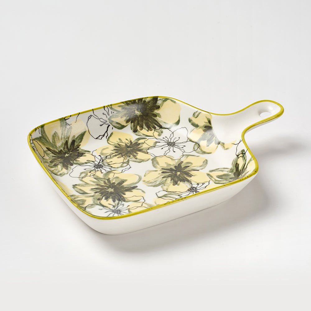 Yellow Floral Pattern Ceramic Serving Set with Gold Rim