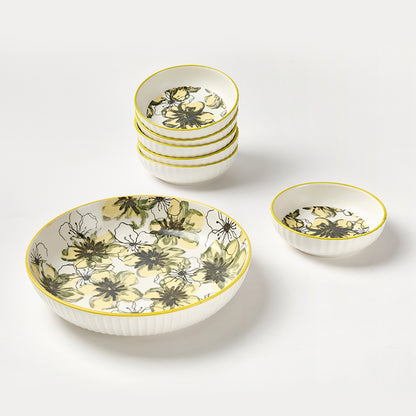 Yellow Floral Pattern Ceramic Bowl Set with Gold Rim