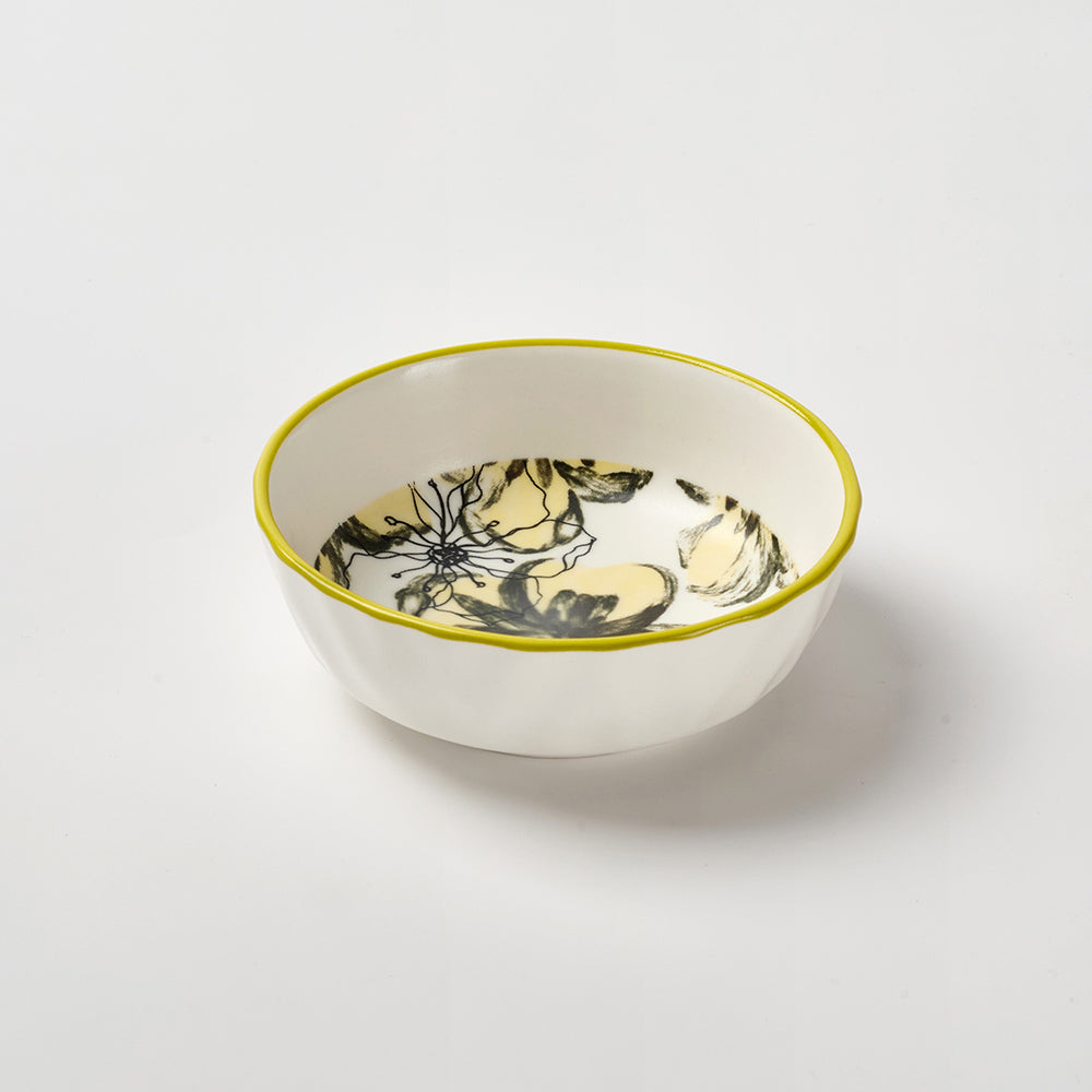 Yellow Floral Pattern Ceramic Serving Set with Gold Rim