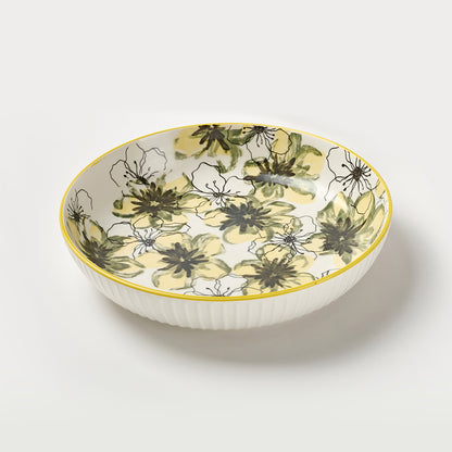 Yellow Floral Pattern Ceramic Bowl Set with Gold Rim