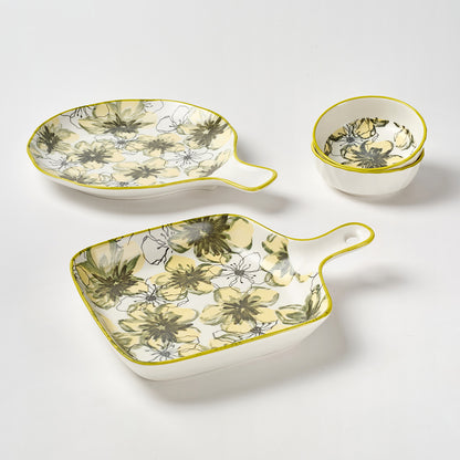 Yellow Floral Pattern Ceramic Serving Set with Gold Rim