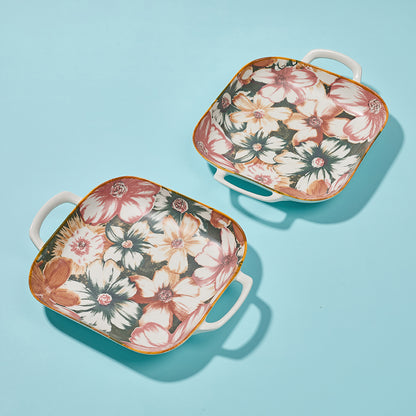Large Floral Print Ceramic Serving Dishes with Gold Rim