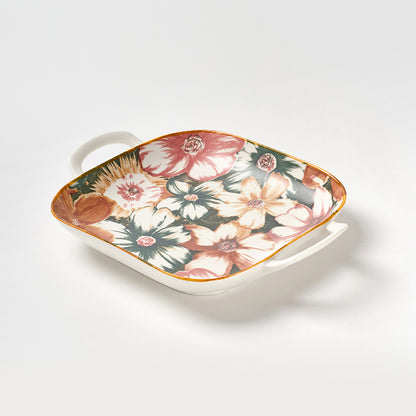 Large Floral Print Ceramic Serving Dishes with Gold Rim