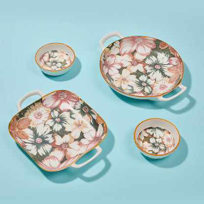 Bold Floral Design Ceramic Serving Set with Handles