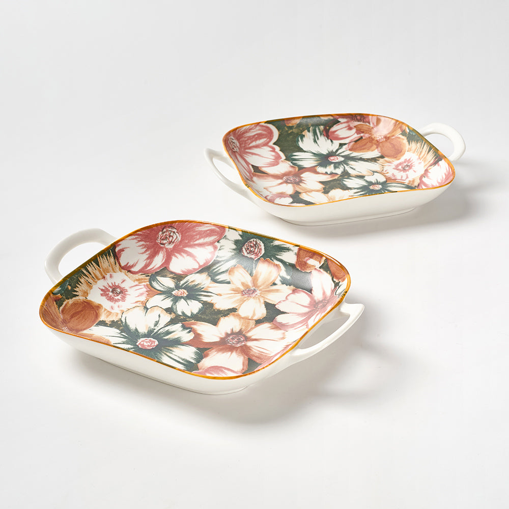 Large Floral Print Ceramic Serving Dishes with Gold Rim