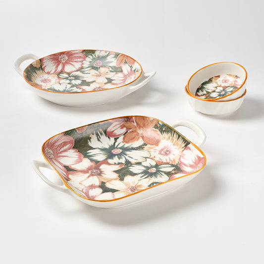Bold Floral Design Ceramic Serving Set with Handles