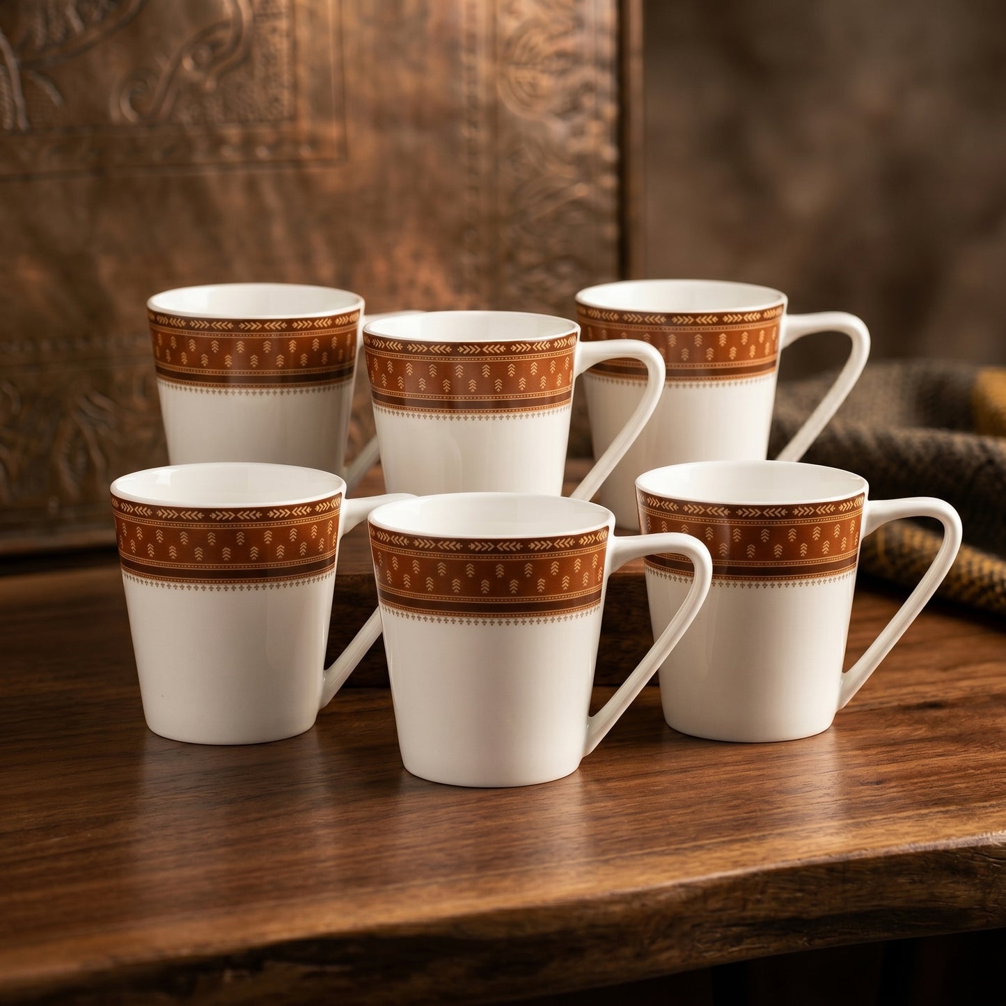 Classic Brown Border Coffee Mug Set – 6 Pieces | Elegant Tea & Coffee Cups