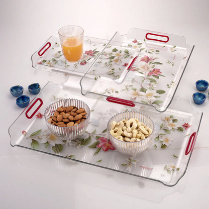 Nayasa Modern Floral Transparent Serving Tray Set of 3 (Small, Medium & Big) – Blue Handle BPA Free Plastic Trays