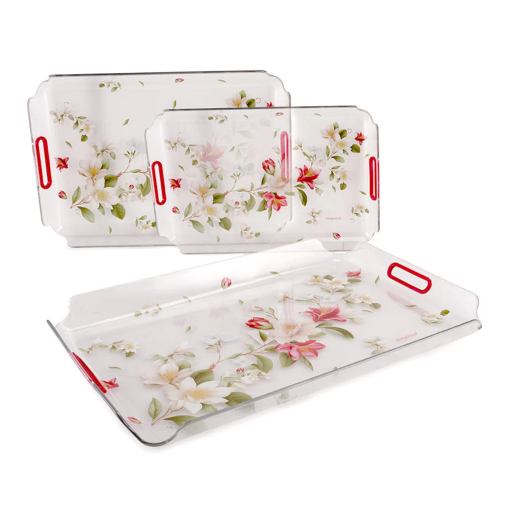 Nayasa Modern Floral Transparent Serving Tray Set of 3 (Small, Medium & Big) – Blue Handle BPA Free Plastic Trays