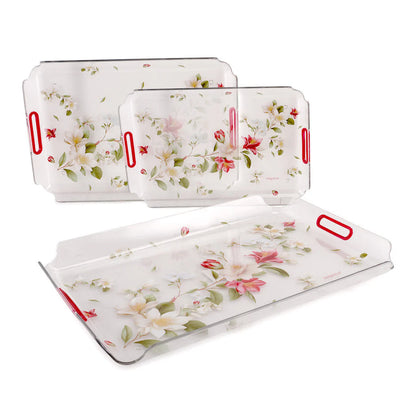 Nayasa Modern Floral Transparent Serving Tray Set of 3 (Small, Medium & Big) – Blue Handle BPA Free Plastic Trays