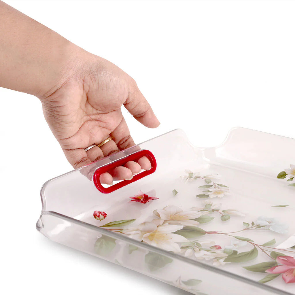 Nayasa Modern Floral Transparent Serving Tray Set of 3 (Small, Medium & Big) – Blue Handle BPA Free Plastic Trays