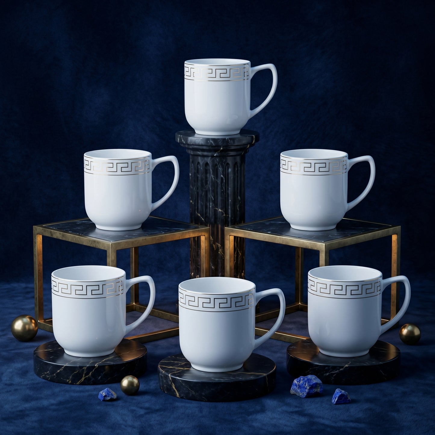 Royal Greca White Ceramic Mug Set (Set of 6)