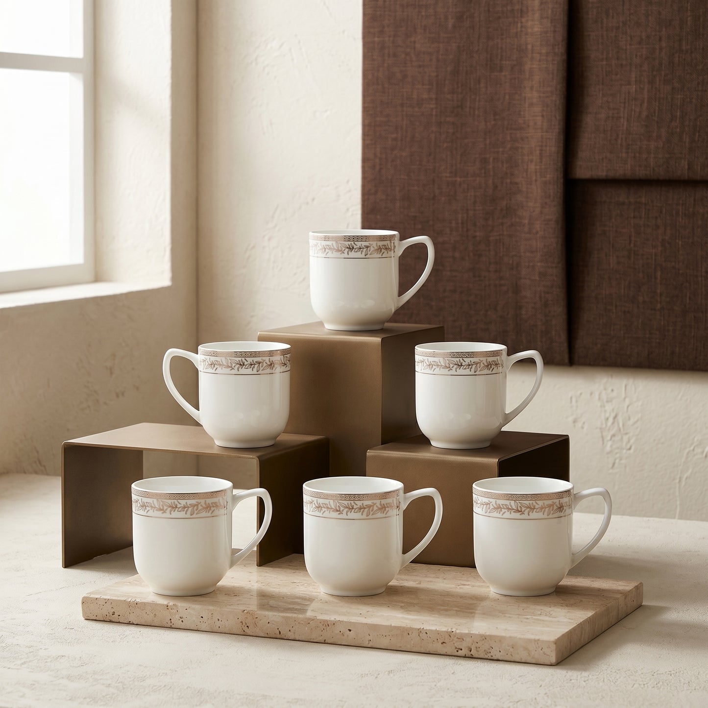 Golden Vine Elegance Ceramic Mug Set (Set of 6)