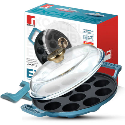 Excalibur Light Cast Iron 22cm Paniyaram Pan with Lid | 12 Pits | Induction & Gas Compatible