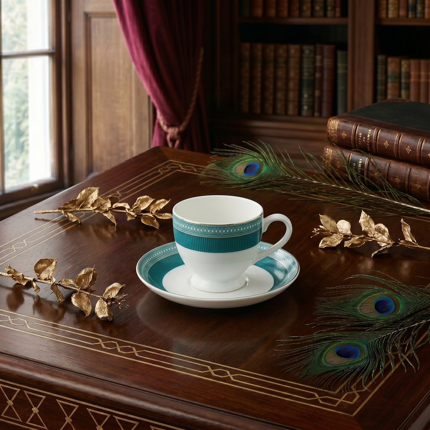 Teal Elegance Cup & Saucer Set – 6 Pieces | Designer Tea Set