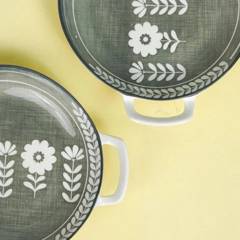 Tachiso Rana Floral Serving Platters – Greenish Grey Porcelain, Set of 2