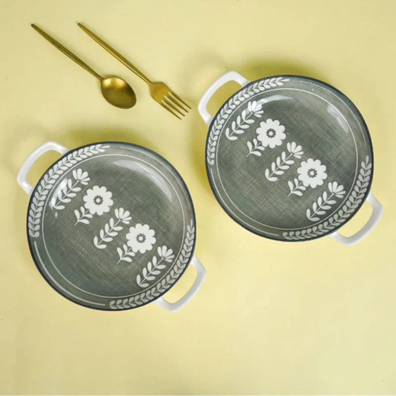 Tachiso Rana Floral Serving Platters – Greenish Grey Porcelain, Set of 2