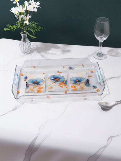 Nayasa Modern Floral Transparent Serving Tray Set of 3 (Small, Medium & Big) – Blue Handle BPA Free Plastic Trays