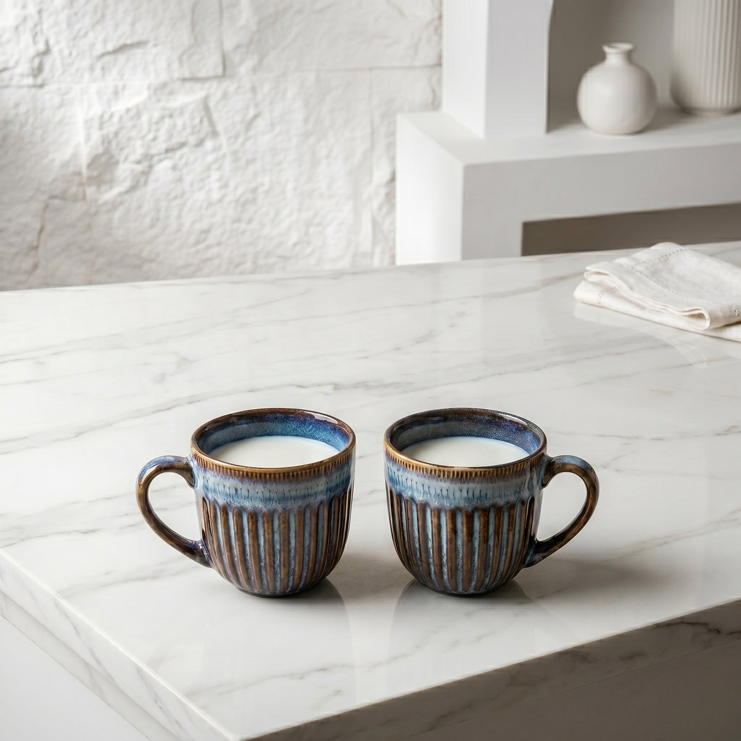 Premium Ceramic Mug Set of 6 – Tachiso Blue Ribbed Design Coffee & Tea Cups