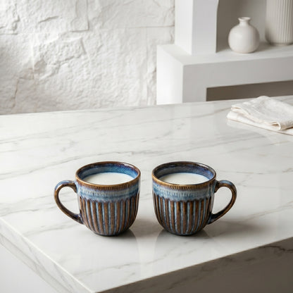 Premium Ceramic Mug Set of 6 – Tachiso Blue Ribbed Design Coffee & Tea Cups